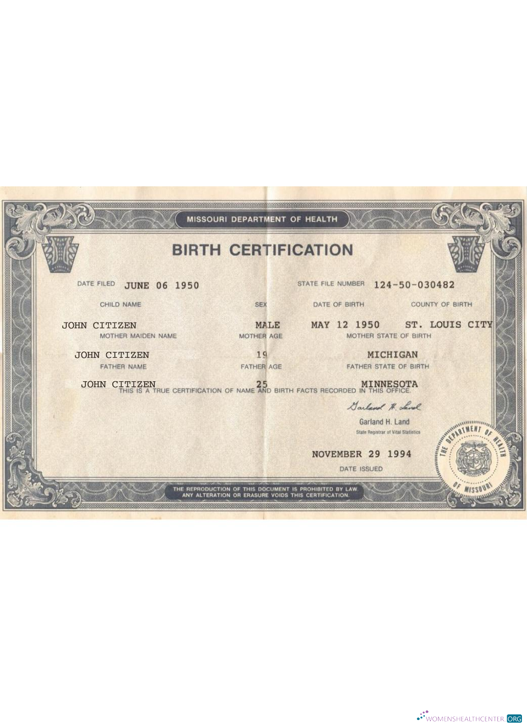 Download USA Missouri birth certification Photoshop template